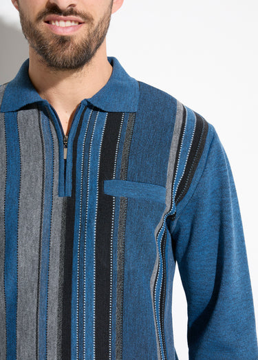 Pull col polo zippé jacquard rayé laine Bleu