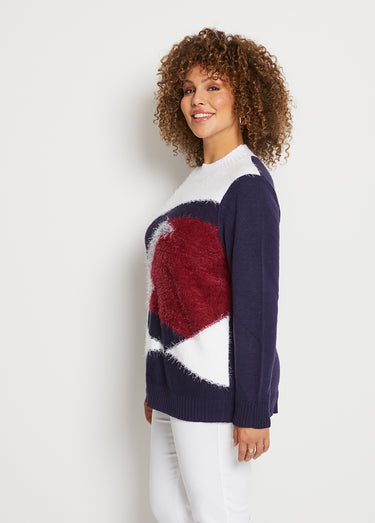 Pull maille poilue manches longues Marine/Rouge