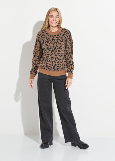 Pull motif léopard col montant manches longues Camel/Noir