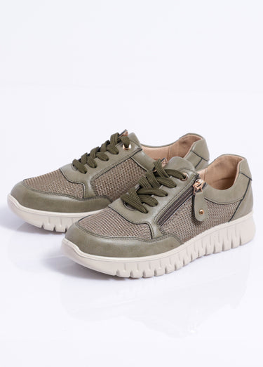 Baskets bi-matière lacées et zippées largeur confort Kaki