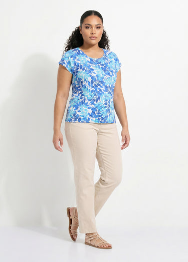 T-shirt manches courtes imprimé feuillage col rond Bleu/Aqua