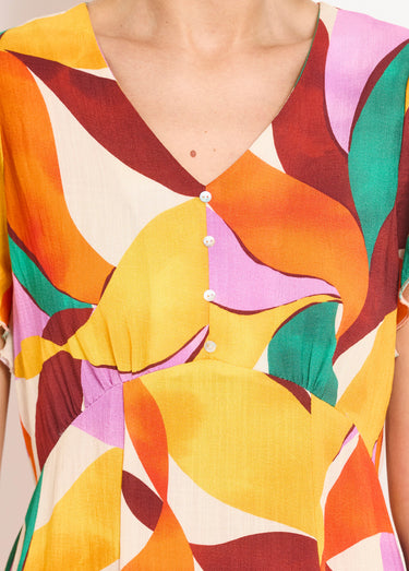 Robe col V courte aspect lin imprimé floral Orange/Vert