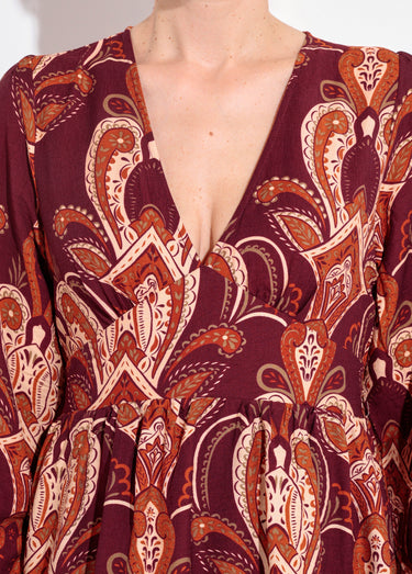 Robe courte col V imprimé cachemire Bordeaux
