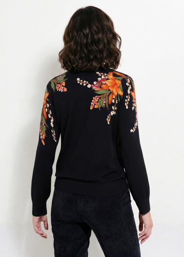 Pull chaud col rond imprimé floral manches longues Noir