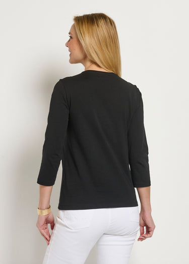 T-shirt court brodé manches 3/4 Noir