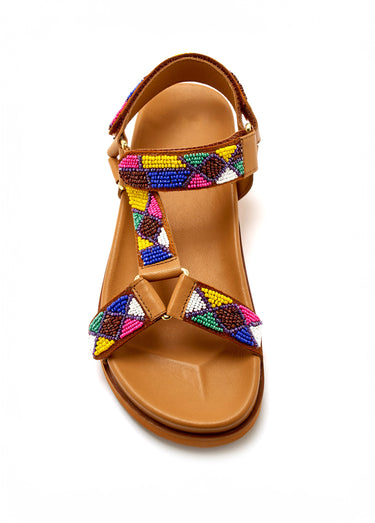 Sandales semelle ergonomique brides avec perles Marron