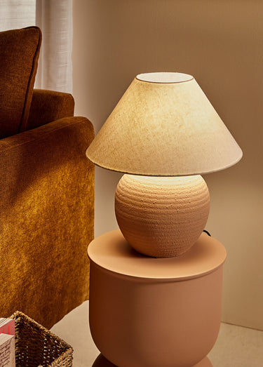 Lampe pied boule céramique abat jour lin Terracota