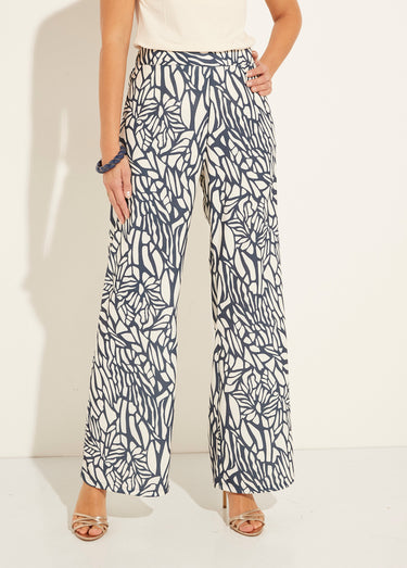 Pantalon large semi élastiqué motif graphique Marine / Blanc