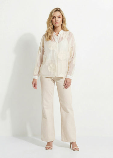 Chemisier en voile, broderies camelias Blanc