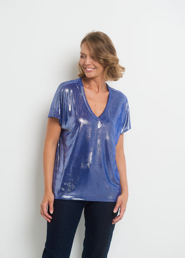 T-shirt métallisé col V manches tombantes Bleu