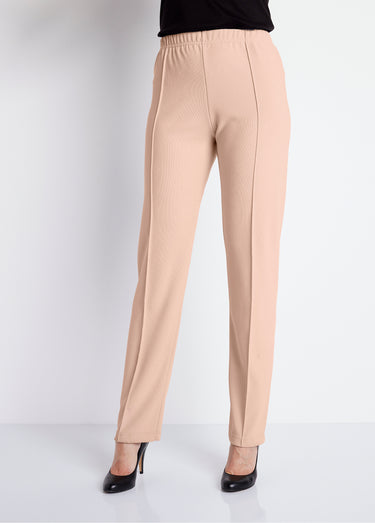 Pantalon droit taille élastiquée maille côtelée Beige
