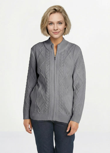 Gilet zippé chaud col montant torsades Gris