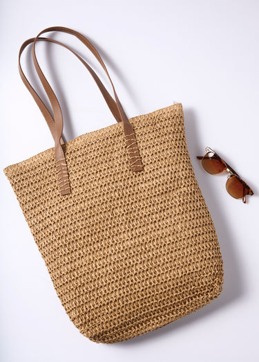 Grand sac en paille, anses simili cuir Beige