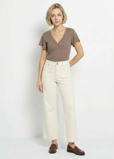 T-shirt col V jersey cotelé, Essentiel Taupe