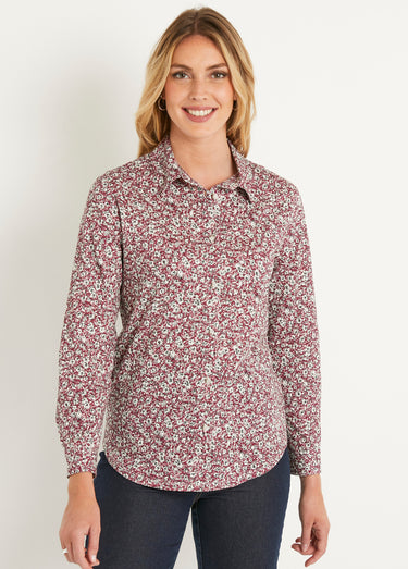 Chemisier droit coton fleuri boutonné Bordeaux