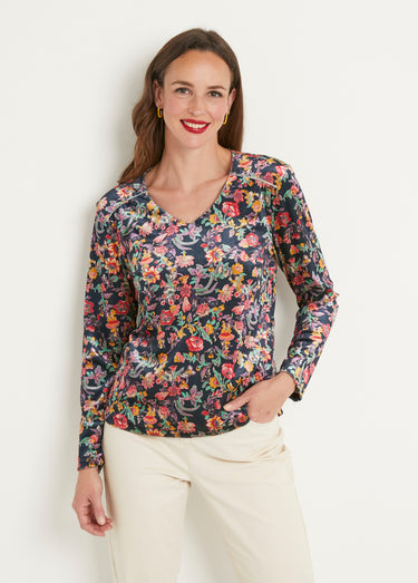 T-shirt court velours ras fleuri col V Marine/Rose