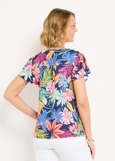 T-shirt ample col V imprimé feuilles manches courtes Marine/Rose