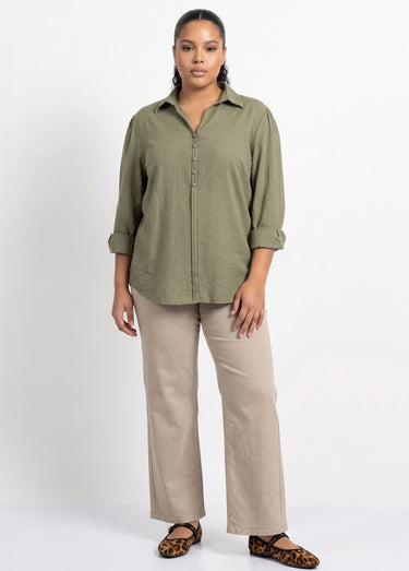 Blouse boutonnée unie col V Kaki