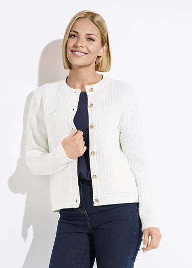 Gilet veste boutonné court maille effet tweed Ecru