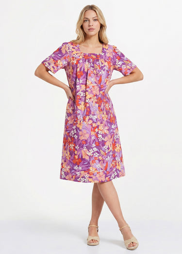 Robe-tablier courte manches courtes Violet/Orange