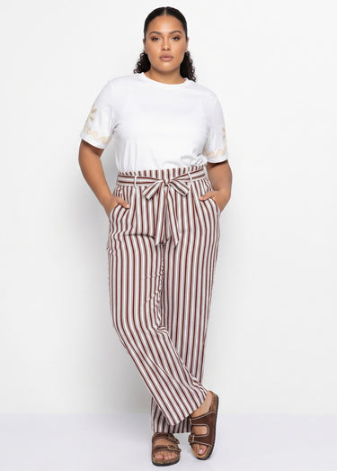Pantalon rayé ceinturé, fils métallisés Marron/Ecru