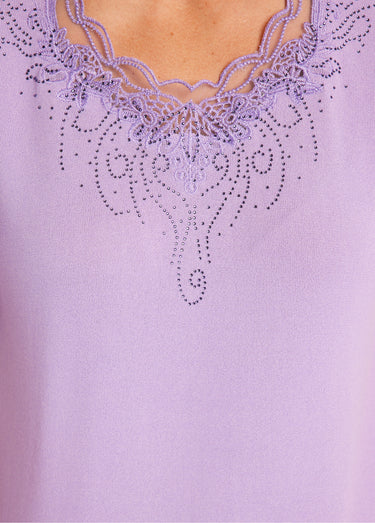 Pull fin brodé manches courtes Lilas