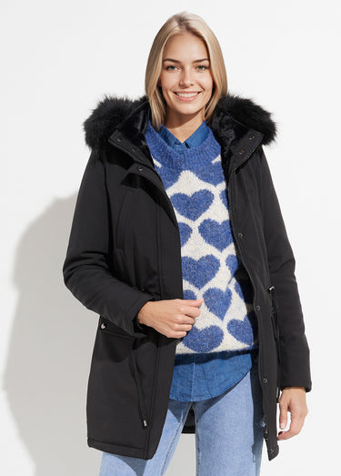 Parka chaude fourrure capuche amovible Noir