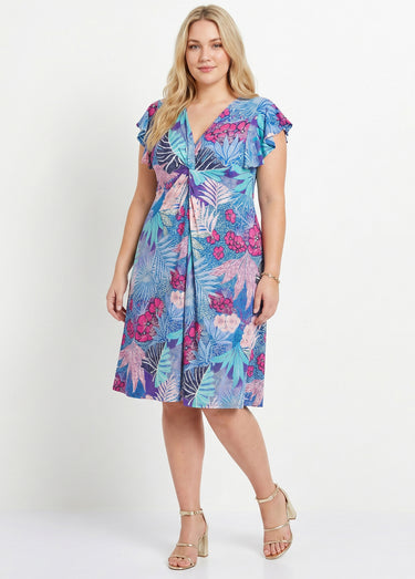 Robe courte évasée col V drapé Bleu/Fuchsia