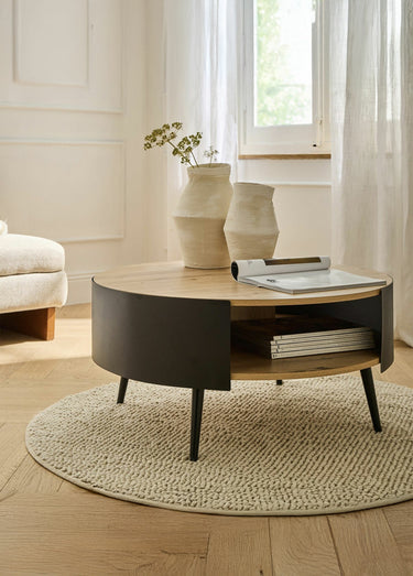 EKLO Table basse ronde flancs métal Chêne