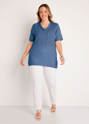 Pull-tunique long col V Bleu