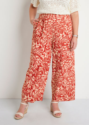 Pantalon large taille élastiquée fleuri ou uni Tomette/Ecru