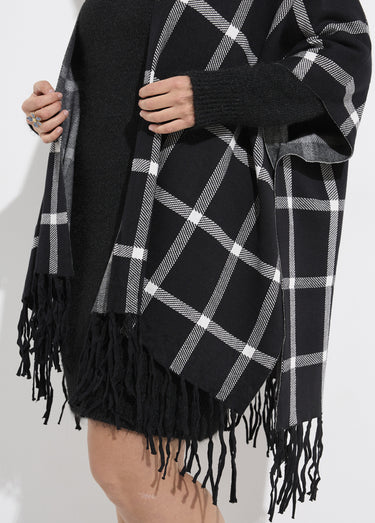 Poncho cape en maille, motif carreaux Carreaux Noir