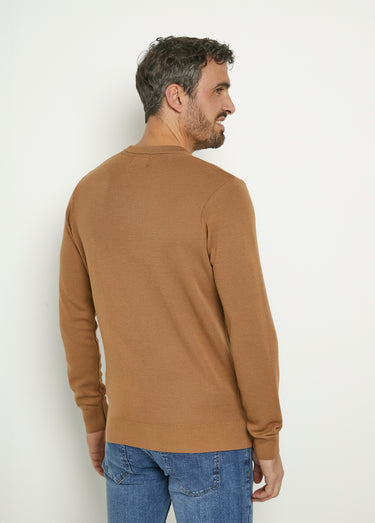 Pull jacquard col V chaud en laine mérinos Camel