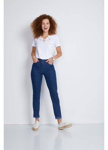 T-shirt col V ajouré brodé Blanc