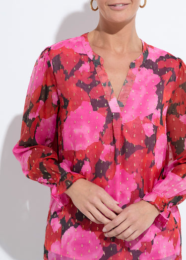 Tunique col V voile imprimé motifs dorés Rouge/Noir