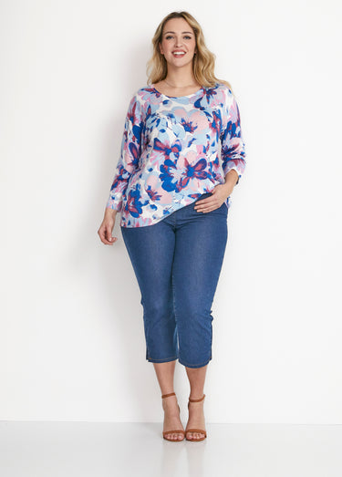 Pull manches 3/4 imprimé floral Bleu/Rose