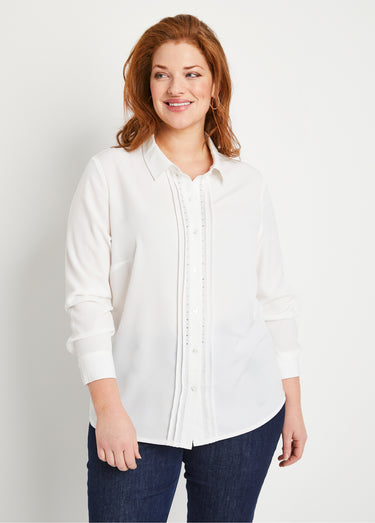Chemisier uni boutonné long strass col chemise Naturel