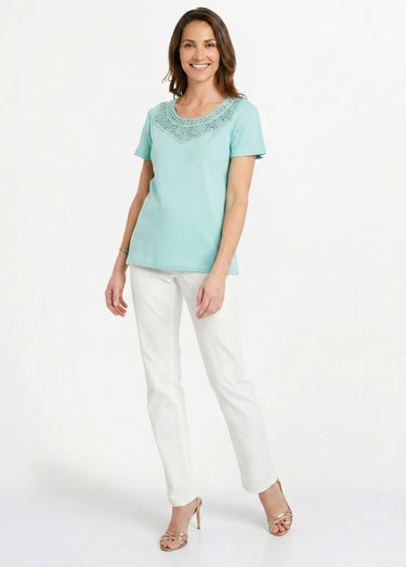 T-shirt macramé coton uni manches courtes Aqua