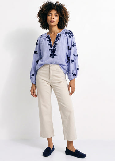 Blouse voile coton et broderies fleurs Bleu