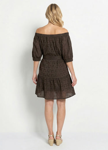 Robe courte col Bardot broderie anglaise Noir