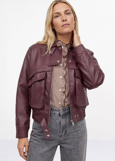 Blouson simili cuir, taille élastiquée Bordeaux