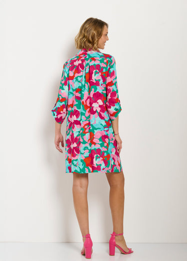 Robe-chemisier courte fleurie manches 3/4 retroussables Rose / Bleu