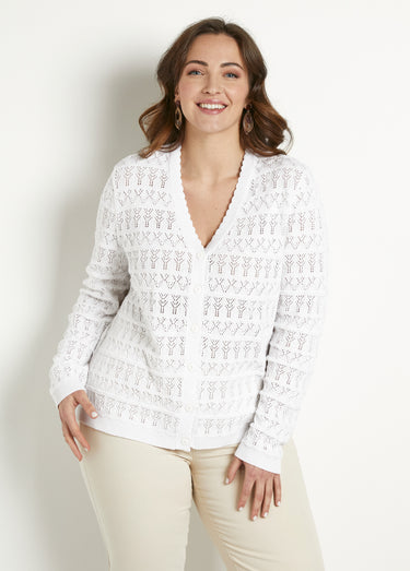 Gilet ajouré col V boutonné coton mélangé Blanc