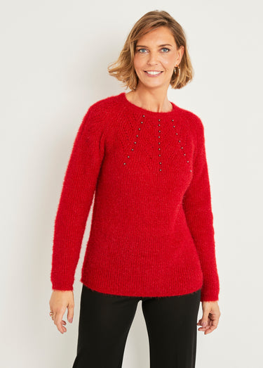 Pull doux maille poilue col rond perlé ajouré Rouge