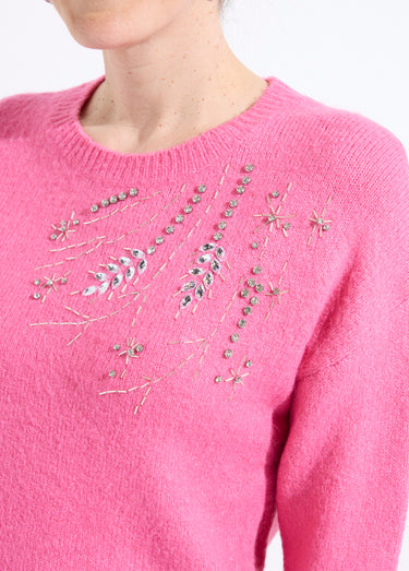 Pull doux col rond avec strass et sequins Rose