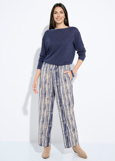 Pantalon fluide élastiqué, imprimé rayé Gris/Ecru