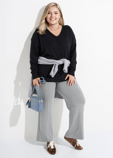 Pull col V maille fantaisie à pois Noir
