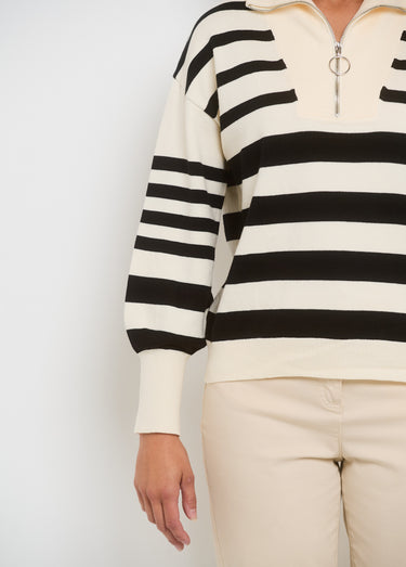 Pull col montant zippé à rayures Ecru Raye