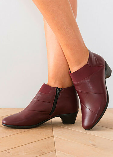 Bottines zippées en cuir, grande largeur Bordeaux