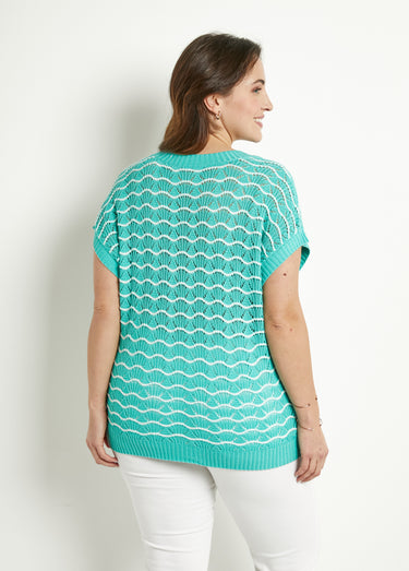 Pull sans manches col V ajouré bicolore Menthe/Ecru